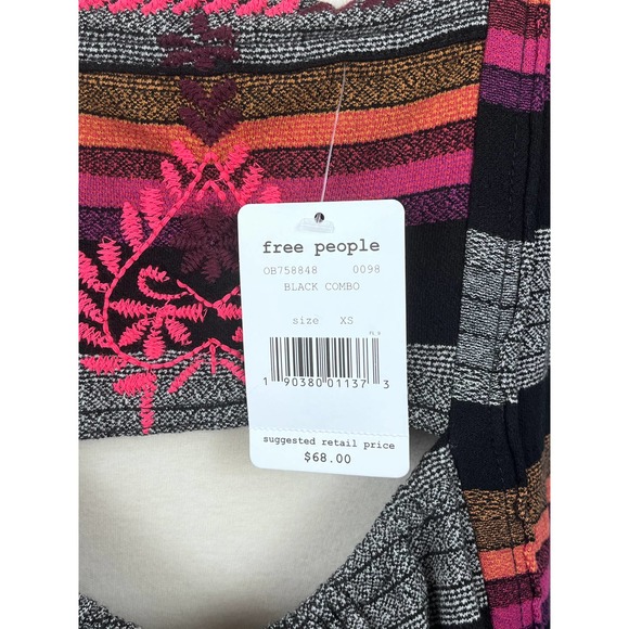 Free People Black Combo Stripe Embroidered Tank Shirt Size XS - Picture 12 of 14